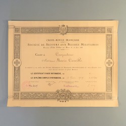 DIPLOME DE SIMPLE INFIRMIERE DECERNE A LA SOEUR MARIE CAMILLE EN 1939 CROIX ROUGE FRANCAISE