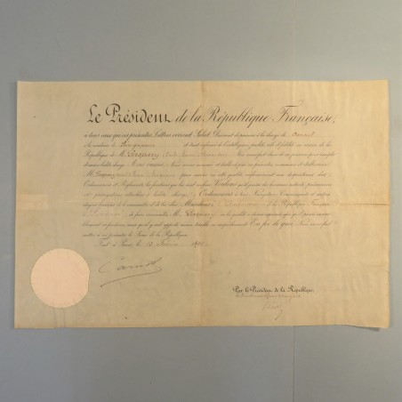 LETTRE DE NOMINATION DE Mr GASPARY EMILE COMME CONSUL DE FRANCE A SINGAPOUR EN 1892 °