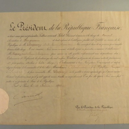 LETTRE DE NOMINATION DE Mr GASPARY EMILE COMME CONSUL DE FRANCE A SINGAPOUR EN 1892 °