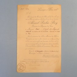 TUNISIE DIPLOME DE LA MEDAILLE DE COMMANDEUR DE L'ORDRE DU NICHAN IFTIKHAR ATTRIBUE A Mr OZIOL DE PIGNOL EN 1936 °