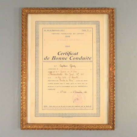 CERTIFICAT DE BONNE CONDUITE CHASSEUR DE 1 ère CLASSE AU 63 ème BATAILLON DE CHARS DE COMBAT AU LEVANT CITATION