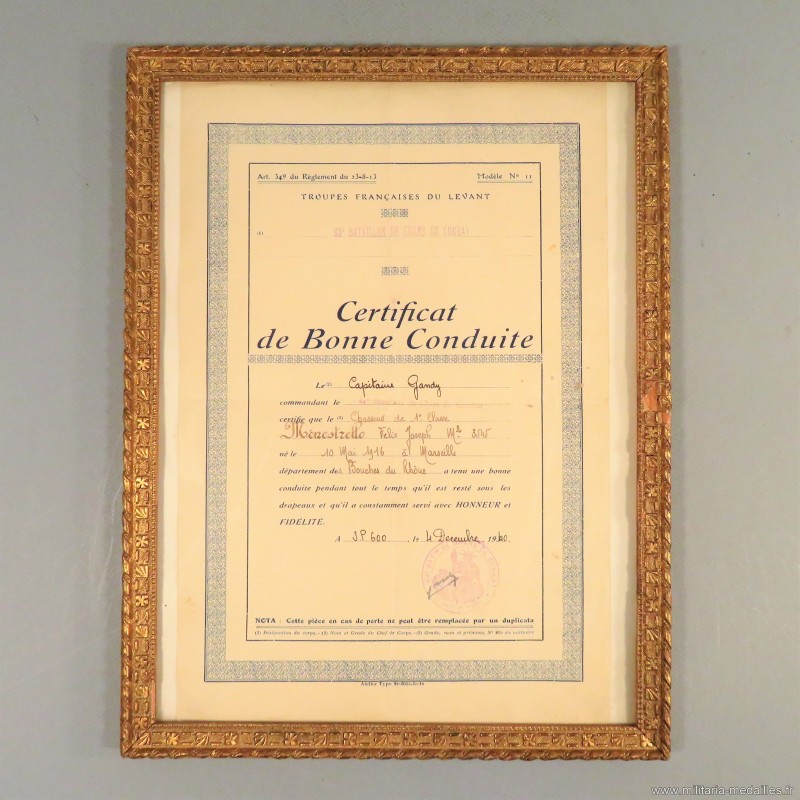 Certificat De Bonne Conduite Chasseur De 1 Ere Classe Au 63 Eme Bataillon De Chars De Combat Au Levant Citation Militaria Medailles