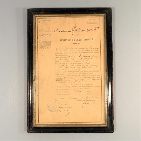 CERTIFICAT DE BONNE CONDUITE D'UN ARTILLEUR AU 15 ème REGIMENT DU TRAIN DES EQUIPAGES EN 1890