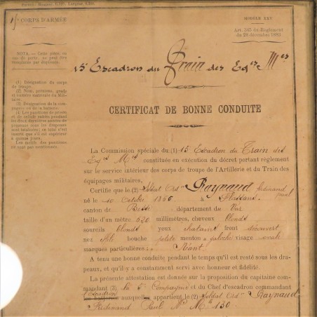 CERTIFICAT DE BONNE CONDUITE D'UN ARTILLEUR AU 15 ème REGIMENT DU TRAIN DES EQUIPAGES EN 1890