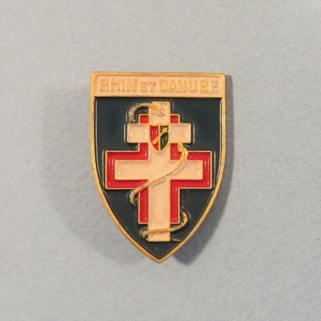 INSIGNE MILITAIRE EN ALUMINIUM PEINT SERVICE DE SANTE 1 ère ARMEE RHIN et DANUBE A.AUGIS
