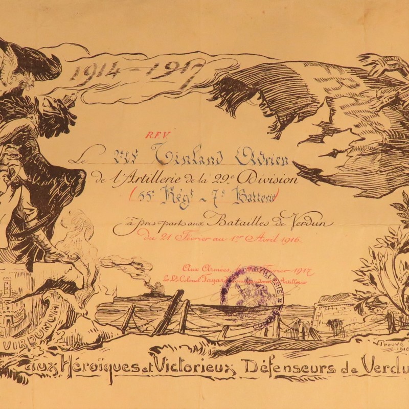 ENSEMBLE D'UN ARTILLEUR AU 55 ème REGIMENT DARTILLERIE DIPLOME DE VERDUN ET CITATIONS GUERRE 1914 1918