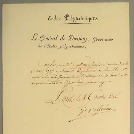 PREMIER EMPIRE CERTIFICAT D'ETUDE A L'ECOLE POLYTECHNIQUE SIGNEE LACUEE 1806 *