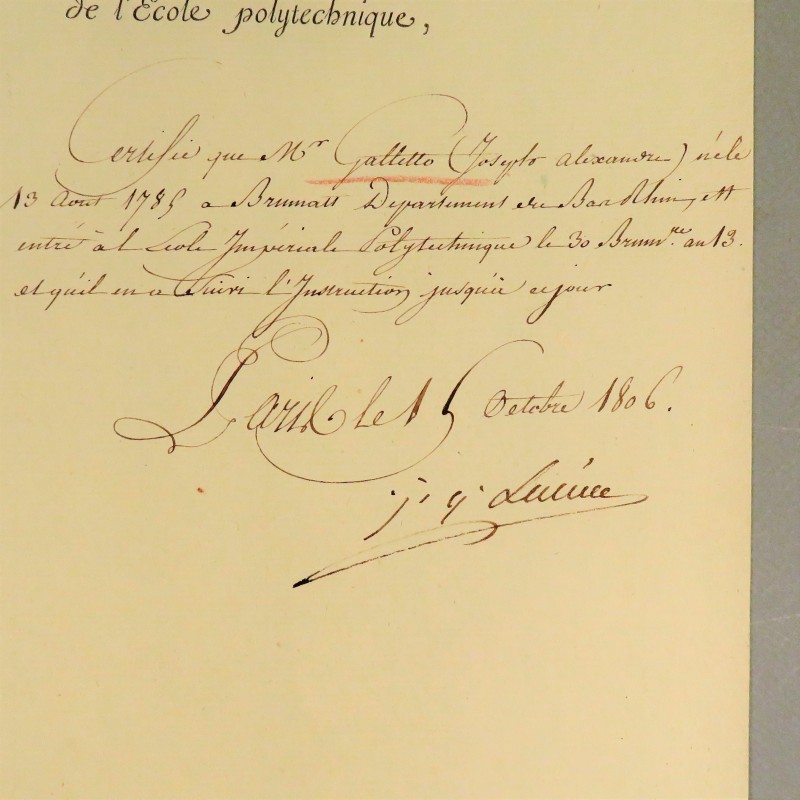 PREMIER EMPIRE CERTIFICAT D'ETUDE A L'ECOLE POLYTECHNIQUE SIGNEE LACUEE 1806 *