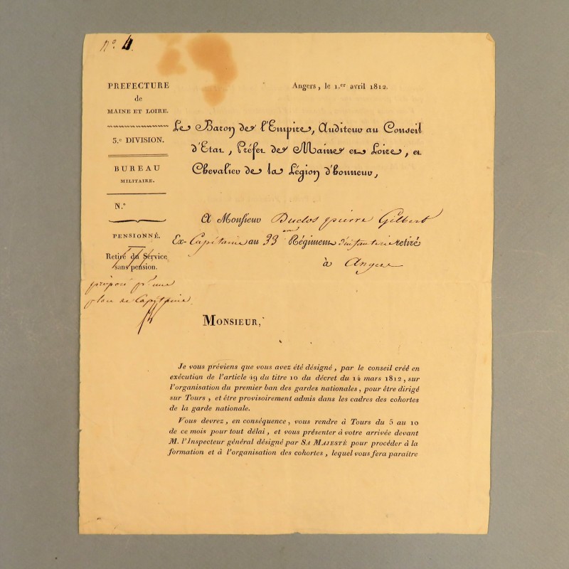 LETTRE DE 1812 DU BARON D'EMPIRE PREFET DU MAINE ET LOIRE A.P.F. HELY D'OISSEL A UN EX CAPITAINE DU 33 ème D'INFANTERIE *