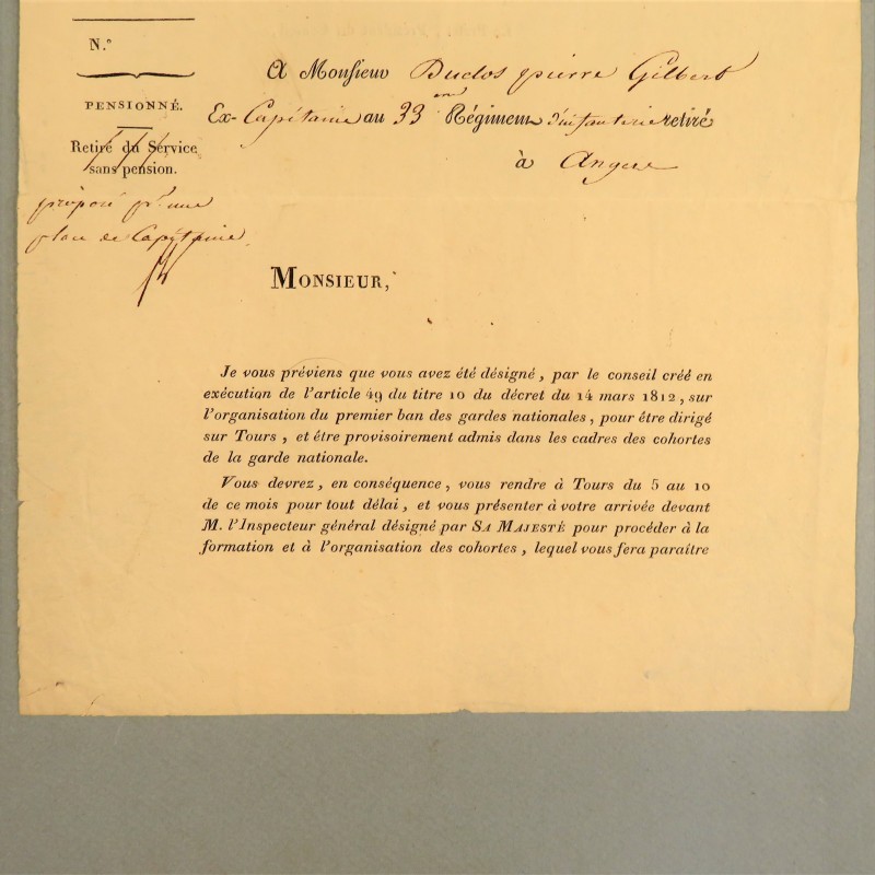 LETTRE DE 1812 DU BARON D'EMPIRE PREFET DE MAINE ET LOIRE A.P.F. HELY D'OISSEL A UN EX CAPITAINE DU 33 ème D'INFANTERIE *