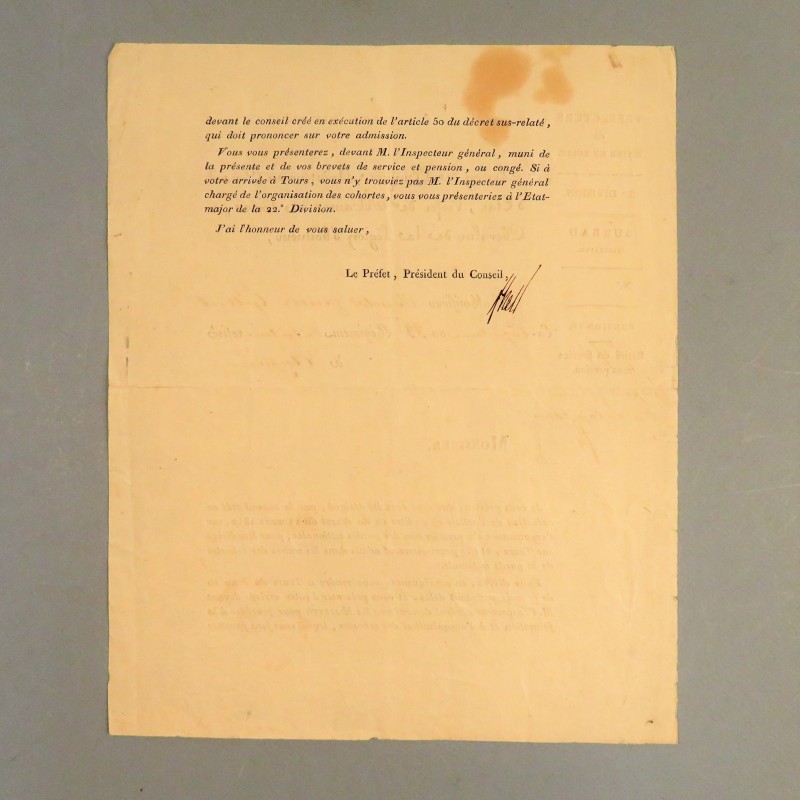 LETTRE DE 1812 DU BARON D'EMPIRE PREFET DE MAINE ET LOIRE A.P.F. HELY D'OISSEL A UN EX CAPITAINE DU 33 ème D'INFANTERIE *