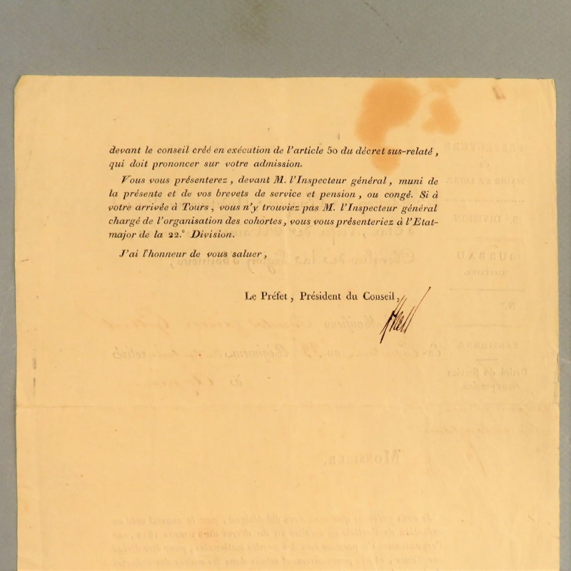 LETTRE DE 1812 DU BARON D'EMPIRE PREFET DE MAINE ET LOIRE A.P.F. HELY D'OISSEL A UN EX CAPITAINE DU 33 ème D'INFANTERIE *
