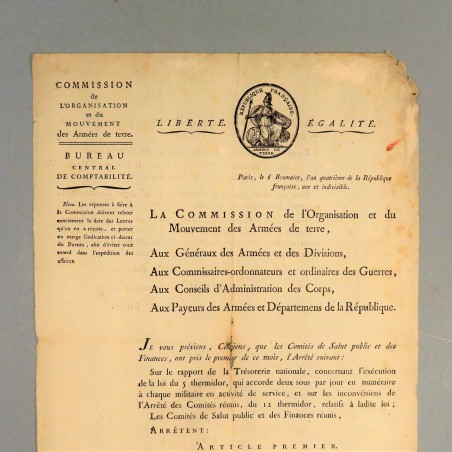 REVOLUTION LETTRE DE L'AN IV (1795) COMMISSION DE L'ORGANISATION ET MOUVEMENT DES ARMEES DE TERRE PAR LE GENERAL L.A. PILLE *