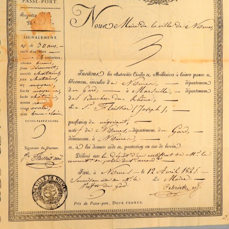 ARCHIVE CHARLES X PASSEPORT DE LA VILLE DE NIMES DU 12 AVRIL 1825