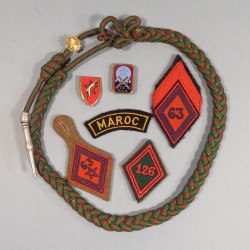 ENSEMBLE ARMEE DE LIBERATION 63 ème RAA REGIMENT D'ARTILLERIE D'AFRIQUE MAROC FEZ INSIGNES, FOURAGERE ET TISSUS