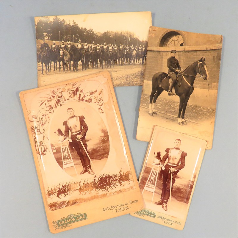 LOT DE 4 PHOTOS ET CARTES POSTALES D'UN CAVALIER DU 10 ème REGIMENT DE CUIRASSIERS VERS 1910 LYON