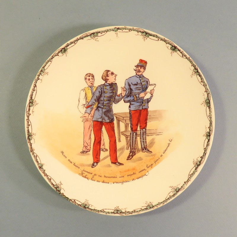 ENSEMBLE DE 6 ASSIETTES HUMOURISTIQUES MILITAIRES INFANTERIE TROISIEME REPUBLIQUE 1900 K &G LUNEVILLE
