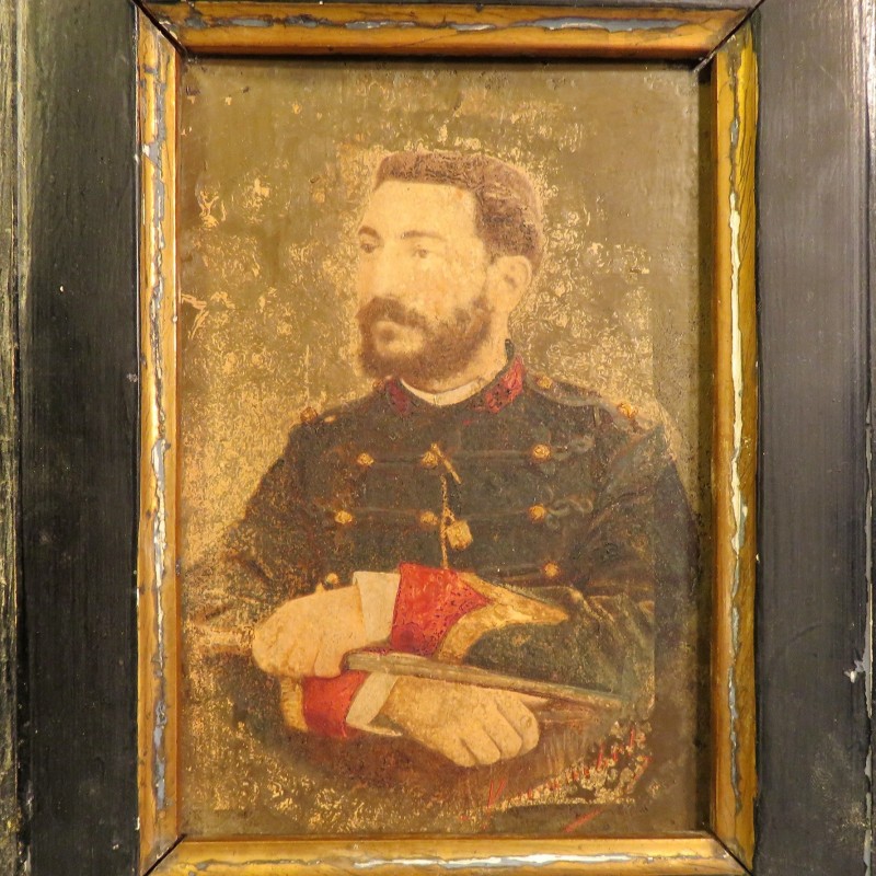 PETITE PEINTURE SUR BOIS OU PHOTO REHAUSSEE D'UN SERGENT ARTILLEUR VERS 1900