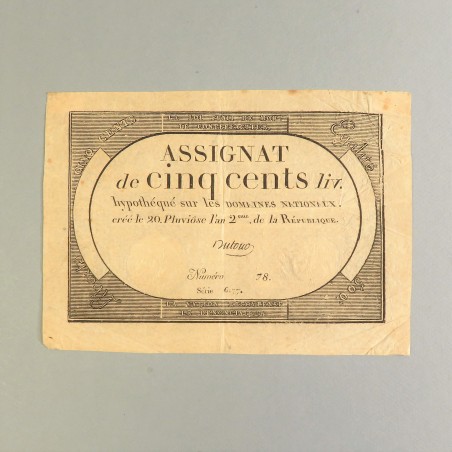 BILLET ASSIGNAT REVOLUTIONNAIRE DE 500 LIVRE AN 2 DE LA REPUBLIQUE N° 78 SERIE 6177 REVOLUTION FRANCAISE