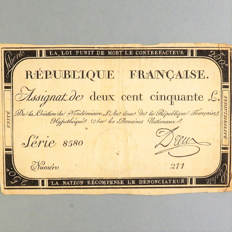 BILLET ASSIGNAT REVOLUTIONNAIRE DE 250 LIVRE AN 2 DE LA REPUBLIQUE N° 211 SERIE 8580 REVOLUTION FRANCAISE