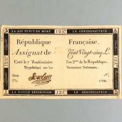 BILLET ASSIGNAT REVOLUTIONNAIRE DE 125 LIVRES AN 2 DE LA REPUBLIQUE N° 1708 SERIE 376 REVOLUTION FRANCAISE