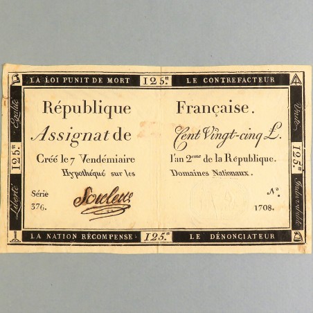 BILLET ASSIGNAT REVOLUTIONNAIRE DE 125 LIVRES AN 2 DE LA REPUBLIQUE N° 1708 SERIE 376 REVOLUTION FRANCAISE