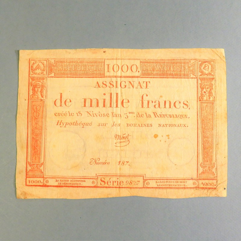 BILLET ASSIGNAT REVOLUTIONNAIRE DE 1000 FRANCS AN 5 DE LA REPUBLIQUE N° 187 SERIE 9827 REVOLUTION FRANCAISE