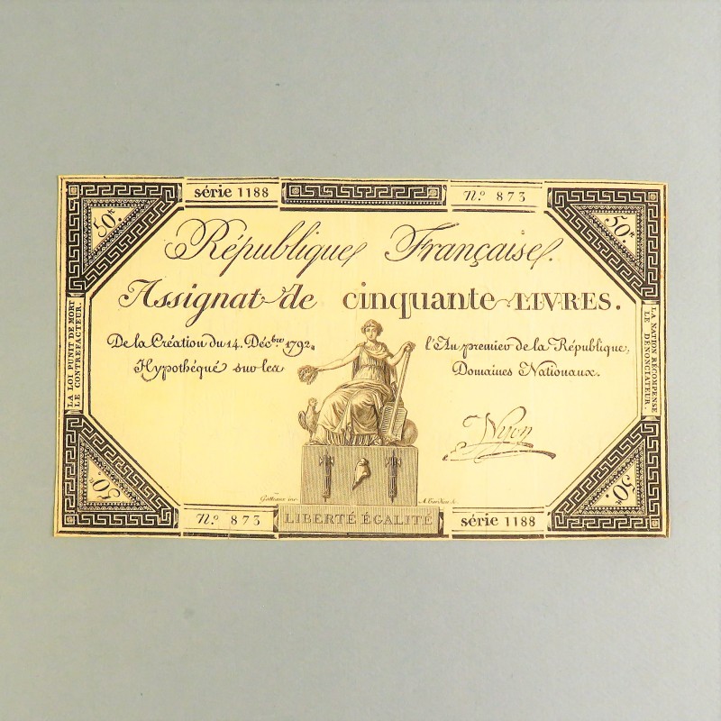 BILLET ASSIGNAT REVOLUTIONNAIRE DE 50 LIVRE 1792 AN 1 DE LA REPUBLIQUE N° 873 SERIE 1188 REVOLUTION FRANCAISE