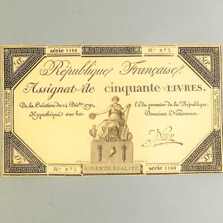 BILLET ASSIGNAT REVOLUTIONNAIRE DE 50 LIVRE 1792 AN 1 DE LA REPUBLIQUE N° 873 SERIE 1188 REVOLUTION FRANCAISE