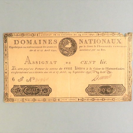 BILLET ASSIGNAT REVOLUTIONNAIRE DE 100 LIVRE 1791 LOUIS XVI N° 20940 REVOLUTION FRANCAISE