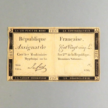 BILLET ASSIGNAT REVOLUTIONNAIRE DE 125 LIVRES AN 2 DE LA REPUBLIQUE N° 1824 SERIE 1296 REVOLUTION FRANCAISE