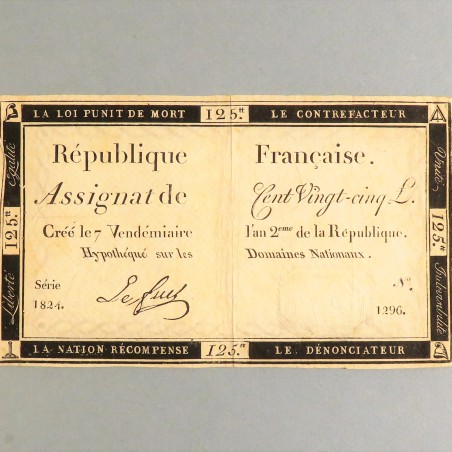 BILLET ASSIGNAT REVOLUTIONNAIRE DE 125 LIVRES AN 2 DE LA REPUBLIQUE N° 1824 SERIE 1296 REVOLUTION FRANCAISE