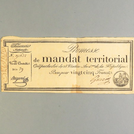 BILLET ASSIGNAT REVOLUTIONNAIRE PROMESSE DE MANDAT TERRITORIAL BON POUR 25 FRANCS AN 4 REVOLUTION FRANCAISE