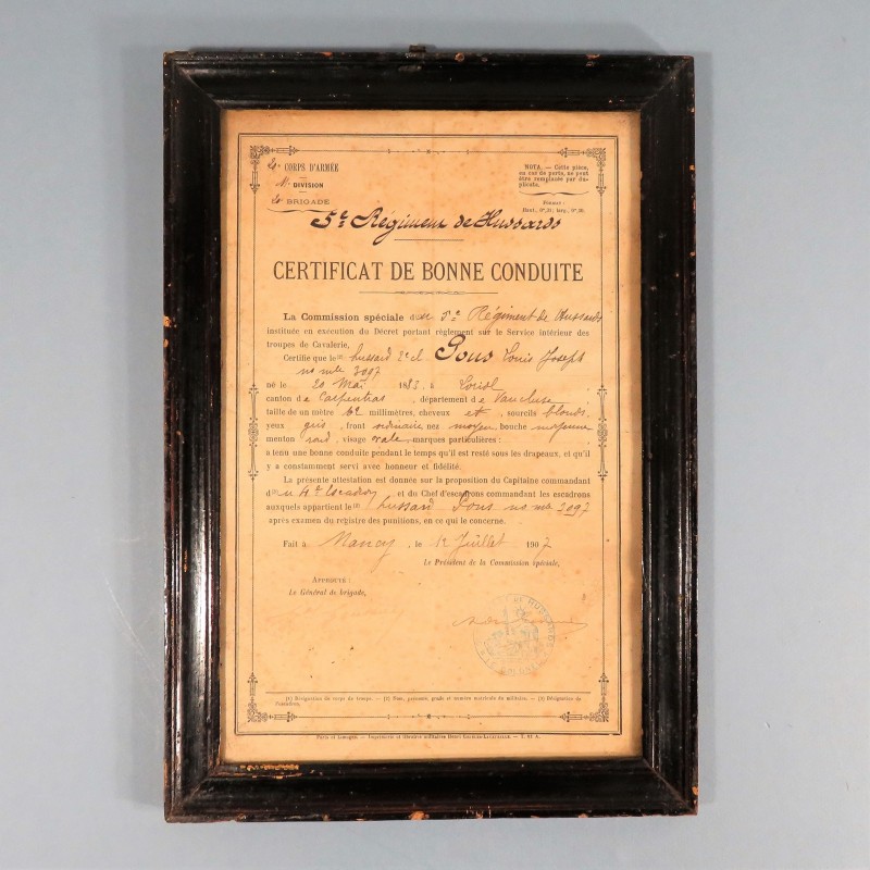 CADRE CERTIFICAT DE BONNE CONDUITE HUSSARD DE 2 ème CLASSE AU 5 ème REGIMENT DE HUSSARD DATE 1907
