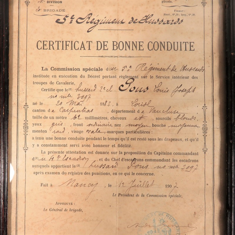 CADRE CERTIFICAT DE BONNE CONDUITE HUSSARD DE 2 ème CLASSE AU 5 ème REGIMENT DE HUSSARD DATE 1907