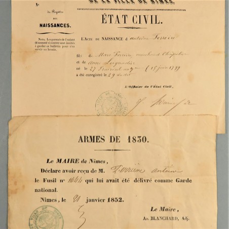 ARCHIVE EMPIRE FAMILLE FERRIERE PERE CONGE SIGNE DU GENERAL GOUVION ET FILS GARDE NATIONAL 1830 A 1852