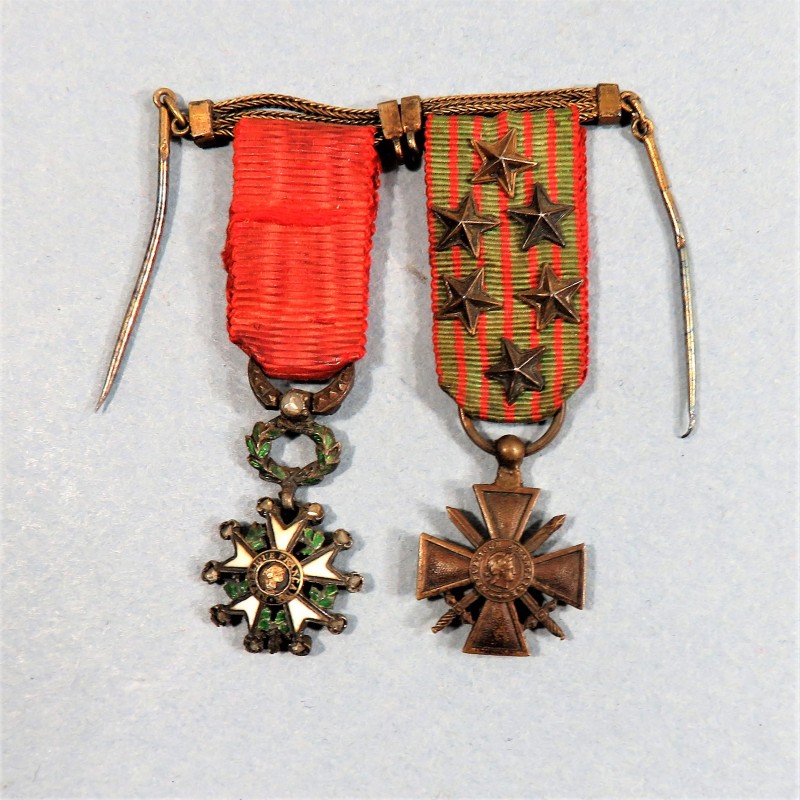 FRANCE CHAINETTE BARRETTE DE 2 REDUCTIONS LEGION D'HONNEUR AVEC BRILLANTS CROIX DE GUERRE 14 18 AVEC 6 ETOILES OU CITATIONS °