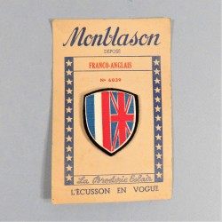 INSIGNE TISSU PATRIOTIQUE FRANCO ANGLAIS CARTON IMPRIME SUR FEUTRE FABRICATION MONBLASON LIBERATION 1945 FRANCE LIBRE FFL