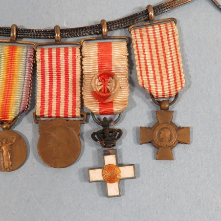 FRANCE CHAINE OU BARRETTE DE 6 REDUCTIONS ANCIEN OFFICIER 1914 1918 CROIX DE GUERRE AVEC CITATIONS MERITE MILITAIRE ESPAGNOLE °