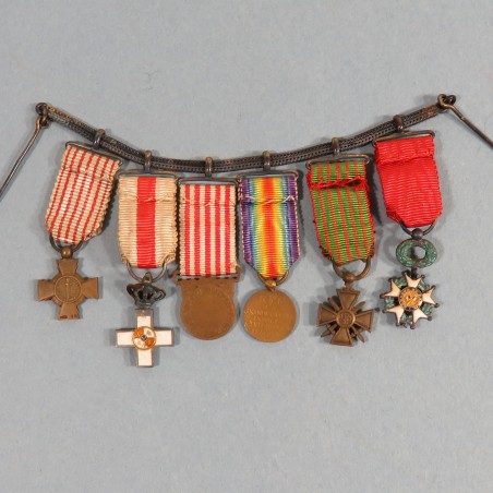 FRANCE CHAINE OU BARRETTE DE 6 REDUCTIONS ANCIEN OFFICIER 1914 1918 CROIX DE GUERRE AVEC CITATIONS MERITE MILITAIRE ESPAGNOLE °