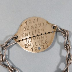 PLAQUE D'IDENTITE MILITAIRE TROUPE MODELE 1918 DUMONT EMILIEN CLASSE 1921 MATRICULE 5645 SEINE 3 GUERRE 1939-1945