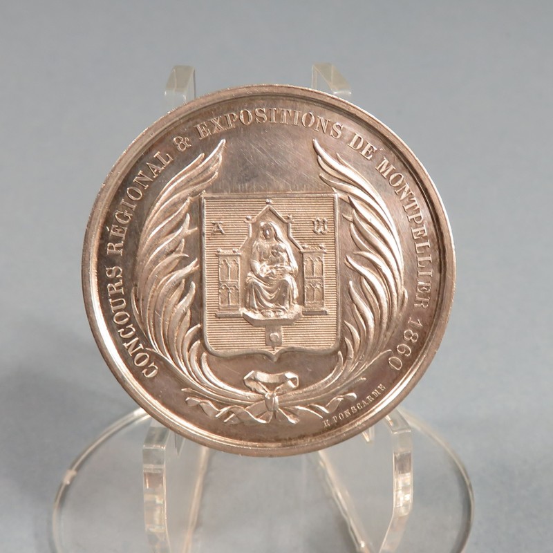 MEDAILLE EN ARGENT NAPOLEON III EMPEREUR CONCOURS REGIONALE & EXPOSITION DE MONTPELLIER 1860 PAR BARRE 64 gr.