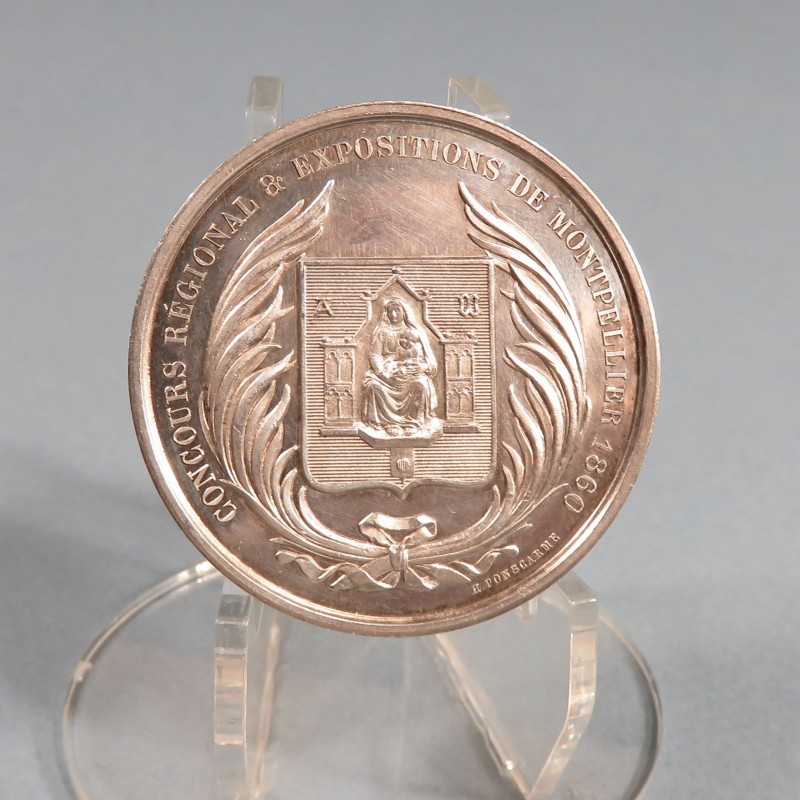 MEDAILLE EN ARGENT NAPOLEON III EMPEREUR CONCOURS REGIONALE & EXPOSITION DE MONTPELLIER 1860 PAR BARRE 64 gr.