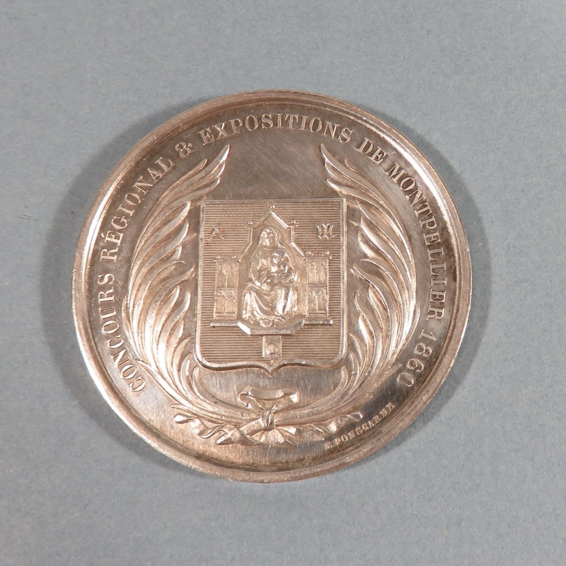 MEDAILLE EN ARGENT NAPOLEON III EMPEREUR CONCOURS REGIONALE & EXPOSITION DE MONTPELLIER 1860 PAR BARRE 64 gr.