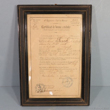 CADRE CERTIFICAT DE BONNE CONDUITE COLONIAL DU 4 ème REGIMENT DE D'INFANTERIE DE MARINE DATE 1887 CITATION