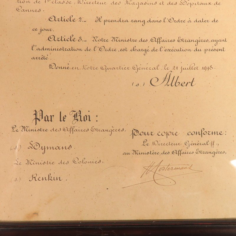 BELGIQUE CADRE AVEC DIPLOME DE CHEVALIER DE L'ORDRE DE LA COURONNE A UN FRANCAIS DIRECTEUR MILITAIRE DES HOPITAUX DE CANNE 1918