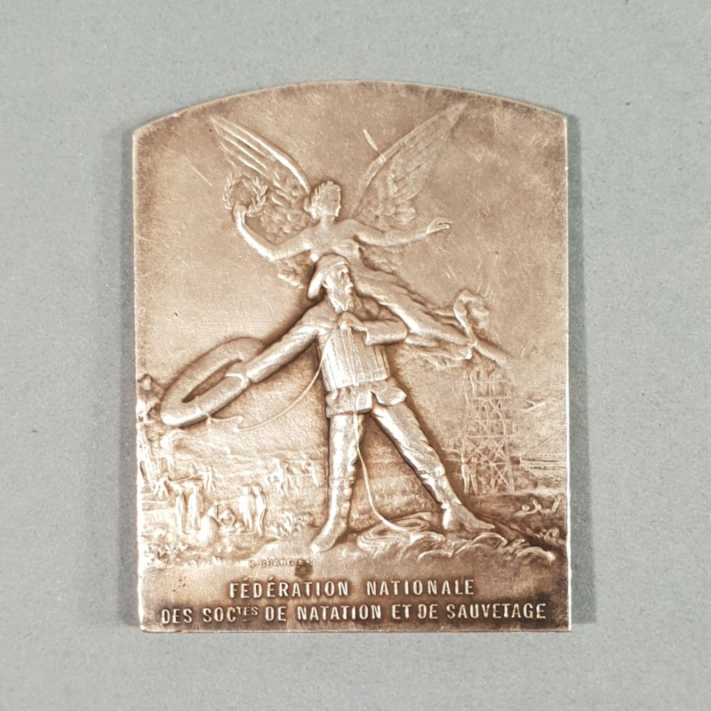 MEDAILLE DE LA FEDERATION NATIONALE DES SOCIETES DE NATATION ET DE SAUVETAGE VERS 1900 GRAVEUR R. BRANGIER EN BRONZE ARGENTE