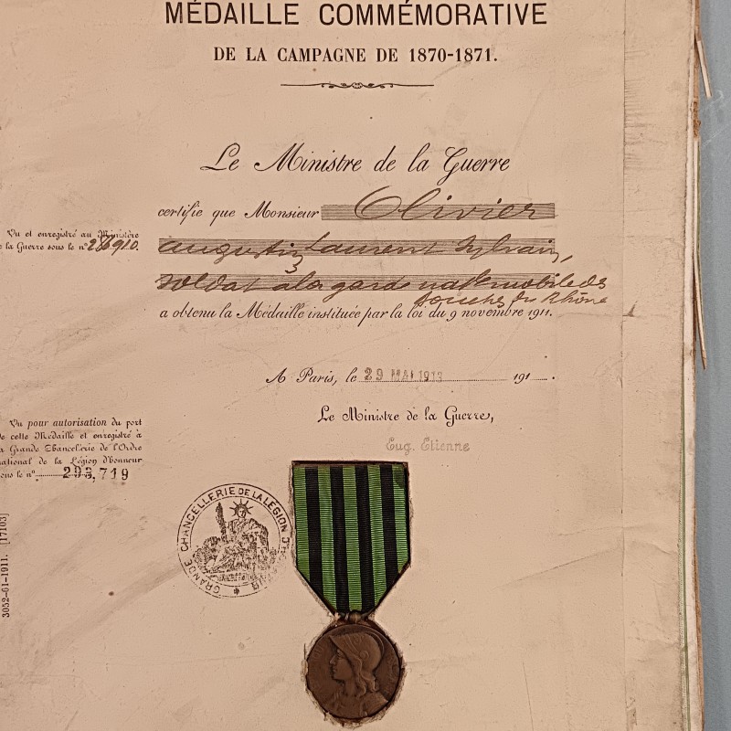 DIPLOME ET MEDAILLES DES ANCIENS COMBATTANTS GUERRE DE 1870 1871 ATTRIBUEE A UN SOLDAT DE LA GARDE MOBILE DES BOUCHES DU RHONE