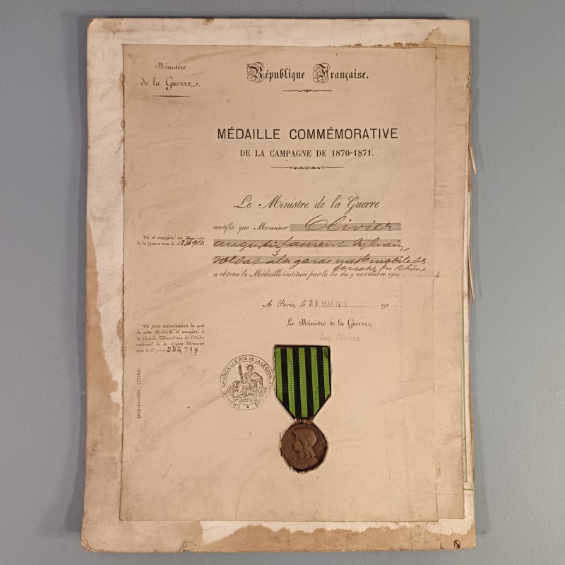 DIPLOME ET MEDAILLES DES ANCIENS COMBATTANTS GUERRE DE 1870 1871 ATTRIBUEE A UN SOLDAT DE LA GARDE MOBILE DES BOUCHES DU RHONE