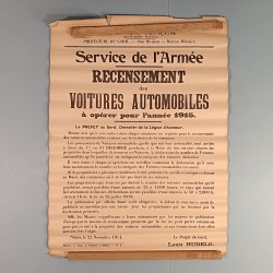 AFFICHE DU RECENSEMENT DES AUTOMOBILES POUR L'ANNEE 1915 POUR LE GARD NIMES LE 22-11-1914 FORMAT 55 X 40 cm